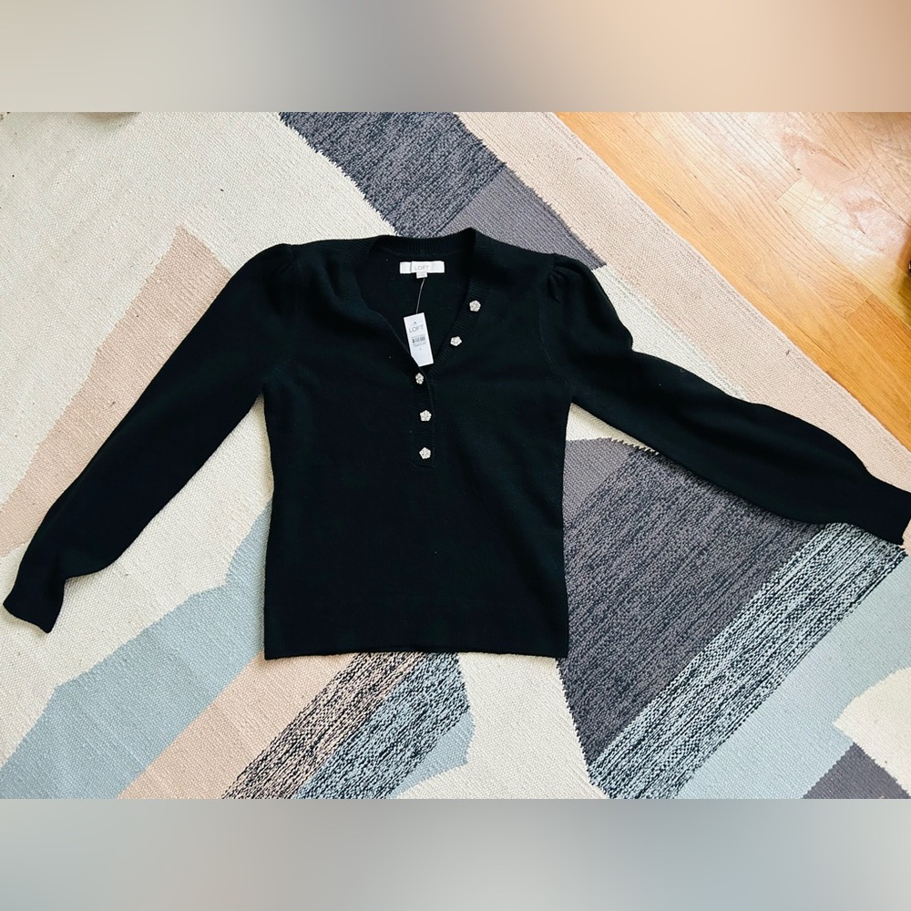 LOFT rhinestone button puff sleeve sweater NWT